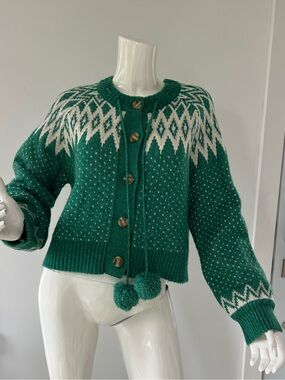 Jessica Simpson Nordic Fair Isle Knit Cardigan Green White Pom Pom Sweater